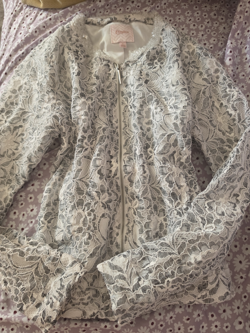 Candie's White Lace Zip-Front Bomber Jacket